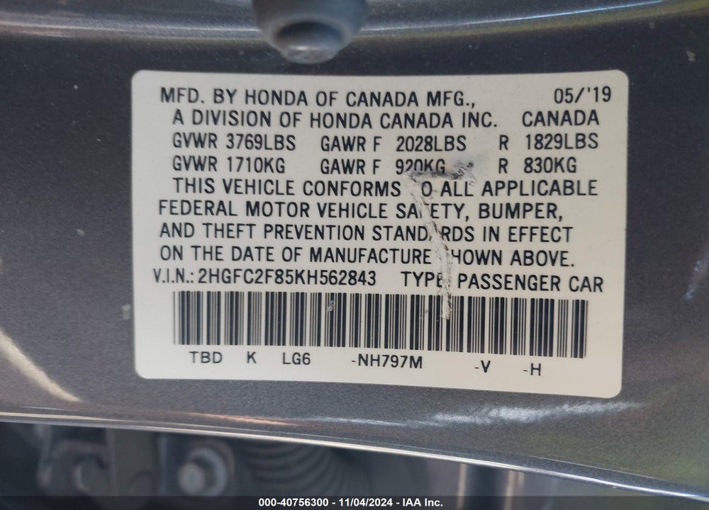 2019 HONDA CIVIC SPORT VIN: 2HGFC2F85KH562843