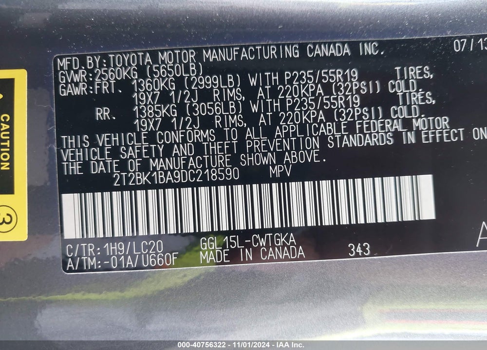 2013 LEXUS RX 350 VIN: 2T2BK1BA9DC218590