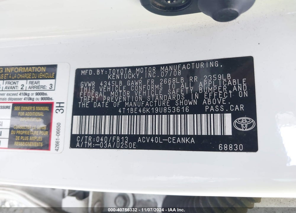 2009 TOYOTA CAMRY LE VIN: 4T1BE46K19U853616