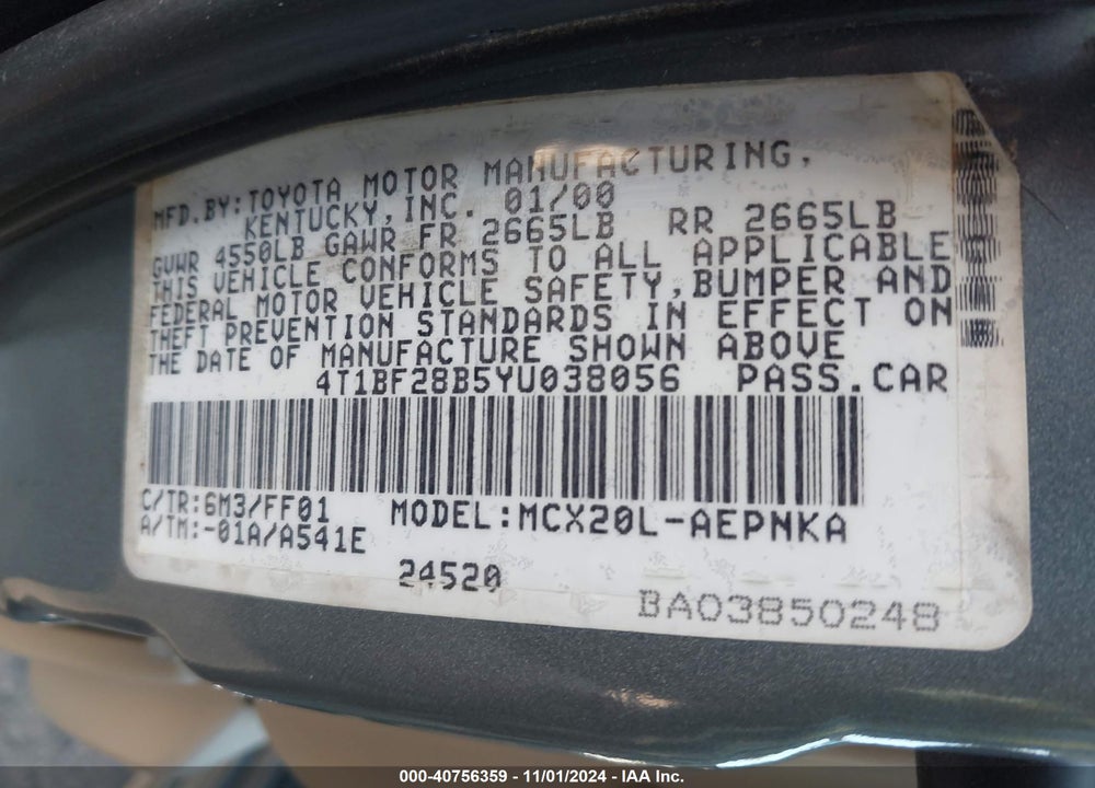 2000 TOYOTA AVALON XL VIN: 4T1BF28B5YU038056