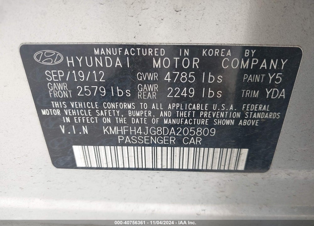 2013 HYUNDAI AZERA VIN: KMHFH4JG8DA205809