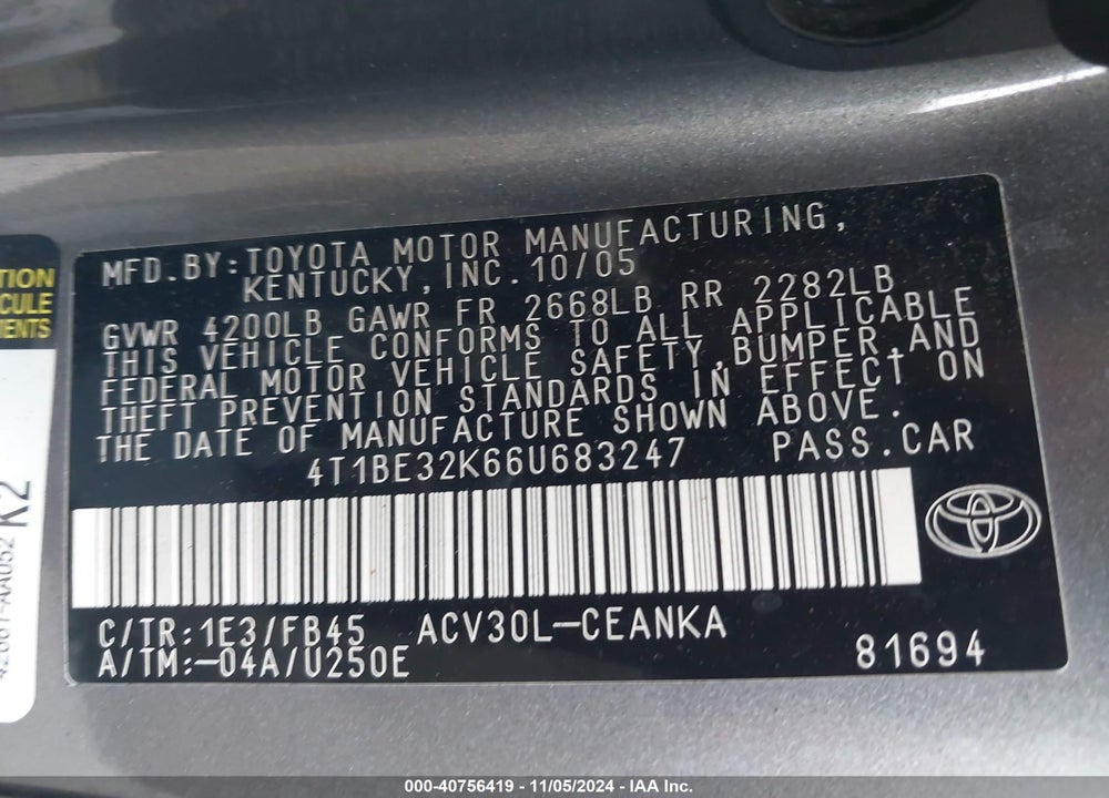 2006 TOYOTA CAMRY LE VIN: 4T1BE32K66U683247
