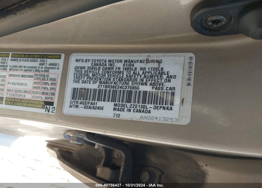 2004 TOYOTA COROLLA LE VIN: 2T1BR38E24C275655