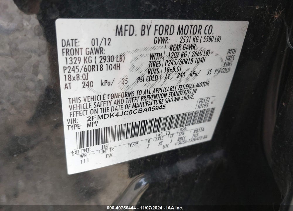 2012 FORD EDGE SEL VIN: 2FMDK4JC5CBA85945