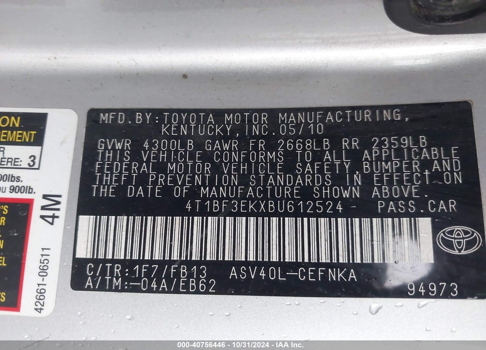 2011 TOYOTA CAMRY VIN: 4T1BF3EKXBU612524