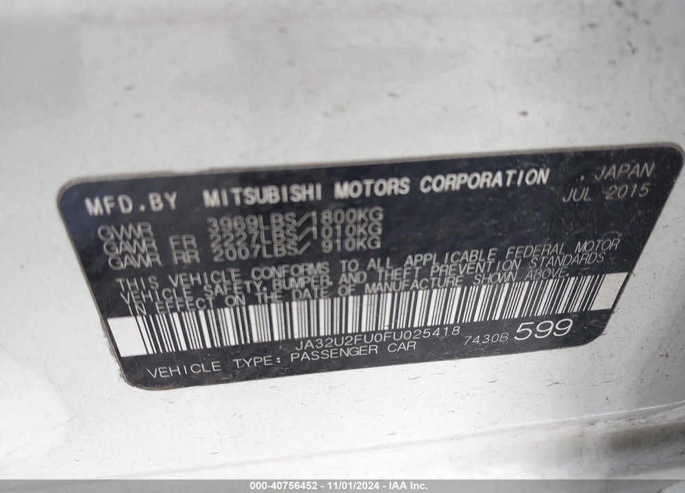 2015 MITSUBISHI LANCER ES VIN: JA32U2FU0FU025418