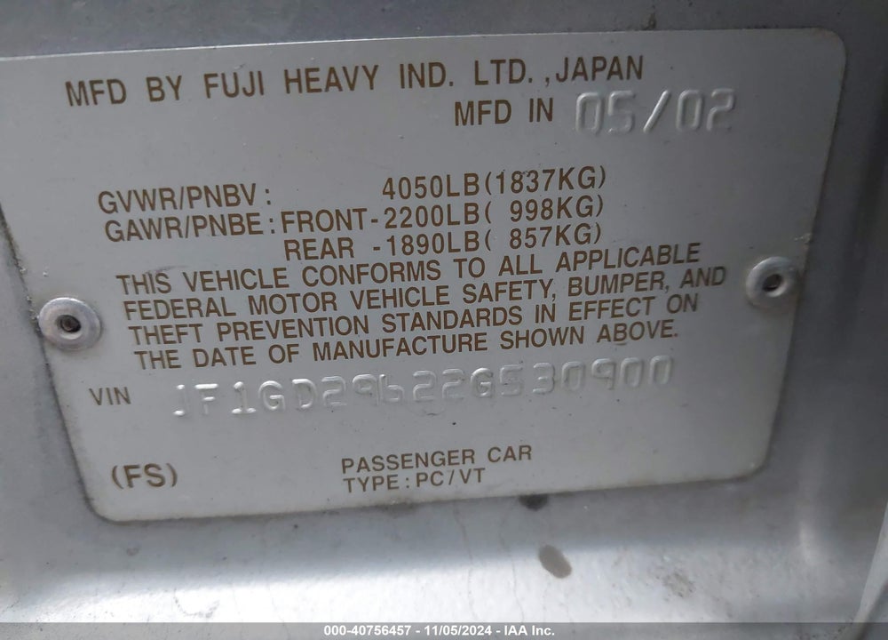 2002 SUBARU IMPREZA WRX VIN: JF1GD29622G530900