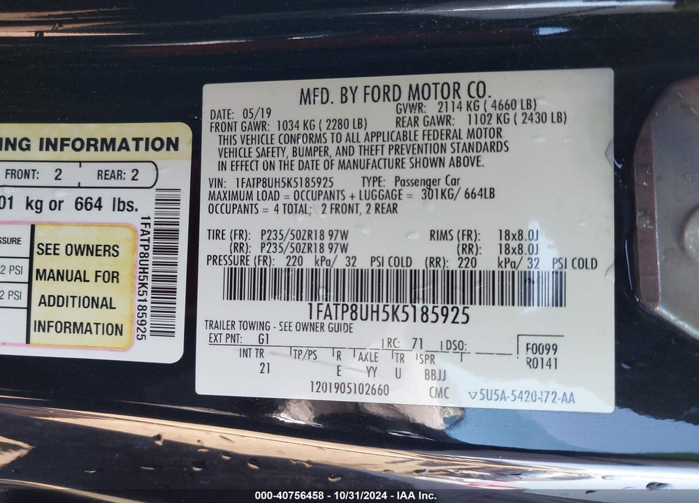 2019 FORD MUSTANG VIN: 1FATP8UH5K5185925