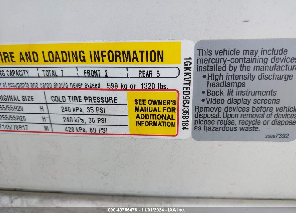 2011 GMC ACADIA DENALI VIN: 1GKKVTED9BJ368184