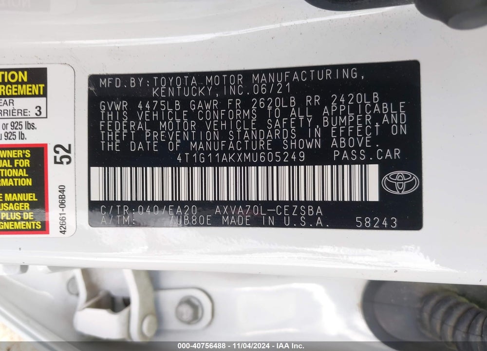 2021 TOYOTA CAMRY SE VIN: 4T1G11AKXMU605249