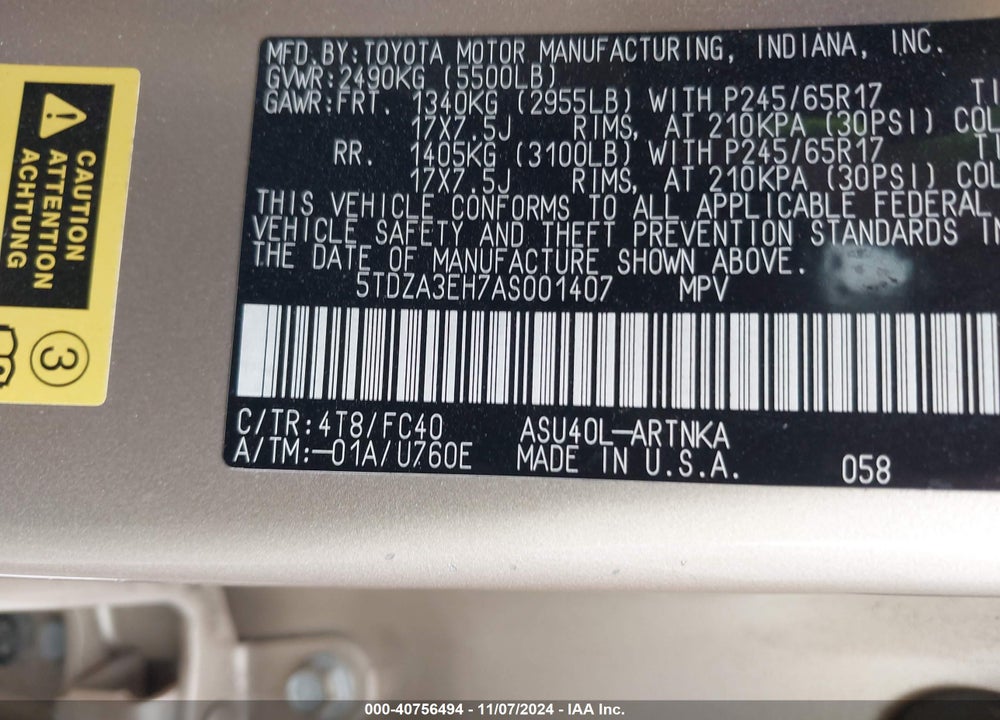 2010 TOYOTA HIGHLANDER VIN: 5TDZA3EH7AS001407