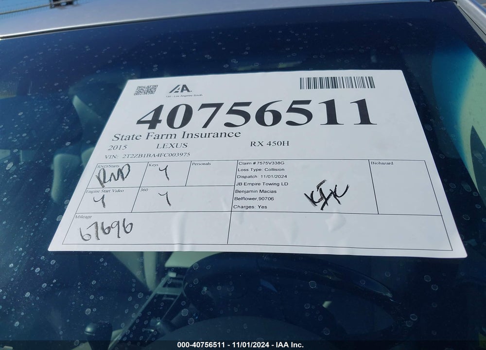 2015 LEXUS RX 450H VIN: 2T2ZB1BA4FC003975
