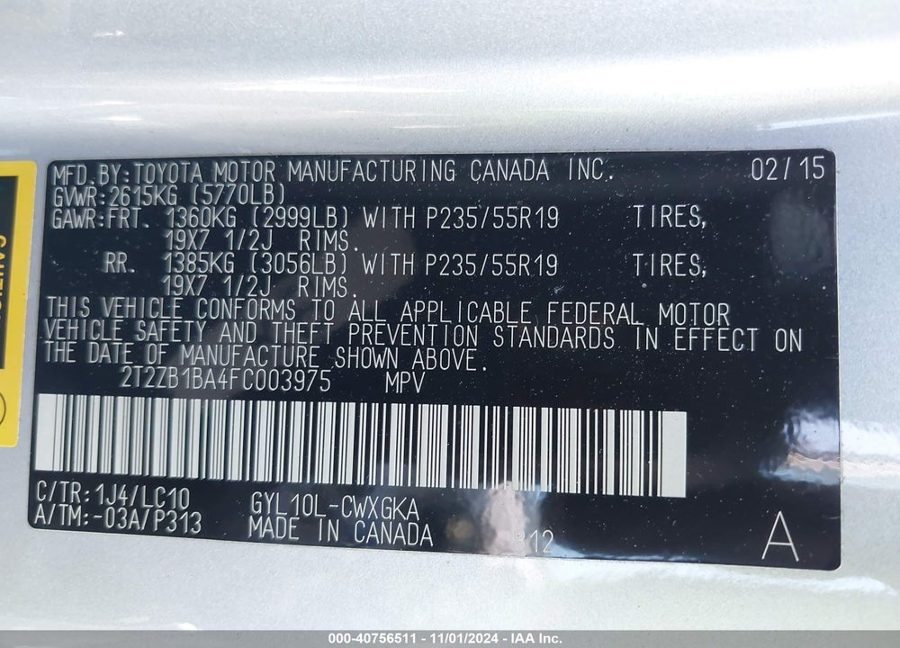 2015 LEXUS RX 450H VIN: 2T2ZB1BA4FC003975