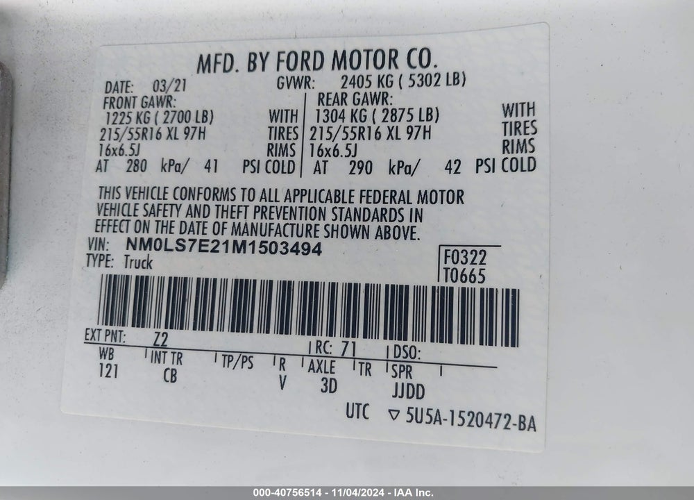 2021 FORD TRANSIT CONNECT XL CARGO VAN VIN: NM0LS7E21M1503494