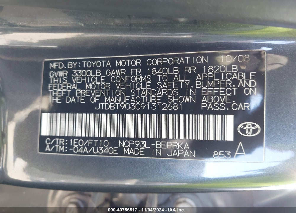 2009 TOYOTA YARIS VIN: JTDBT903091312681