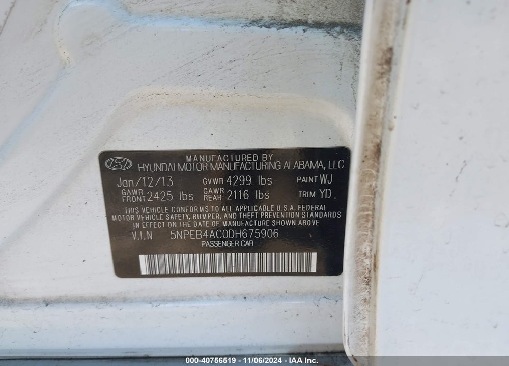 2013 HYUNDAI SONATA GLS VIN: 5NPEB4AC0DH675906