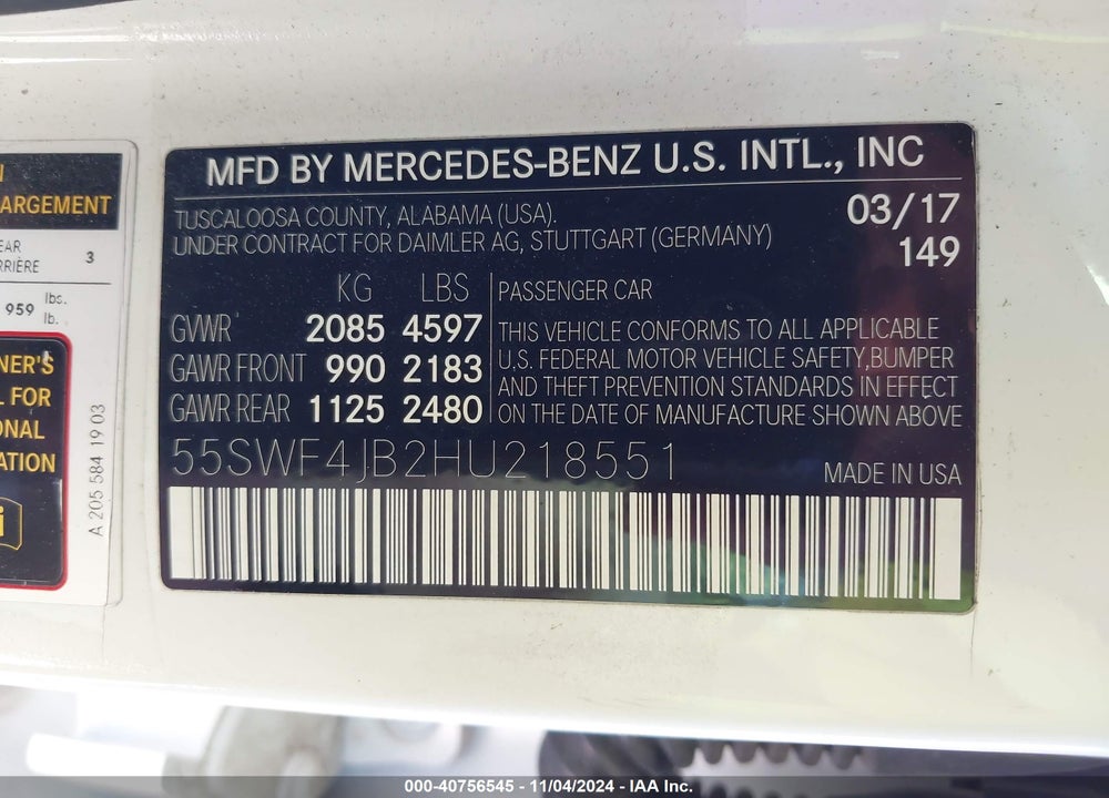 2017 MERCEDES-BENZ C 300 LUXURY/SPORT VIN: 55SWF4JB2HU218551
