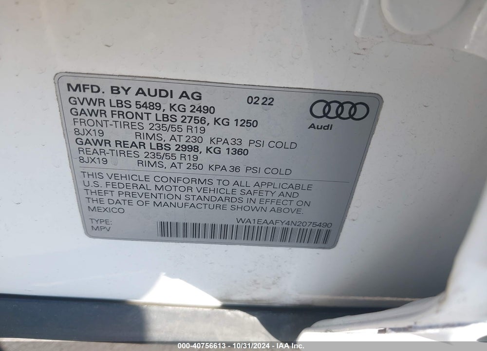 2022 AUDI Q5 PREMIUM PLUS 45 TFSI S LINE QUATTRO S TRONIC VIN: WA1EAAFY4N2075490