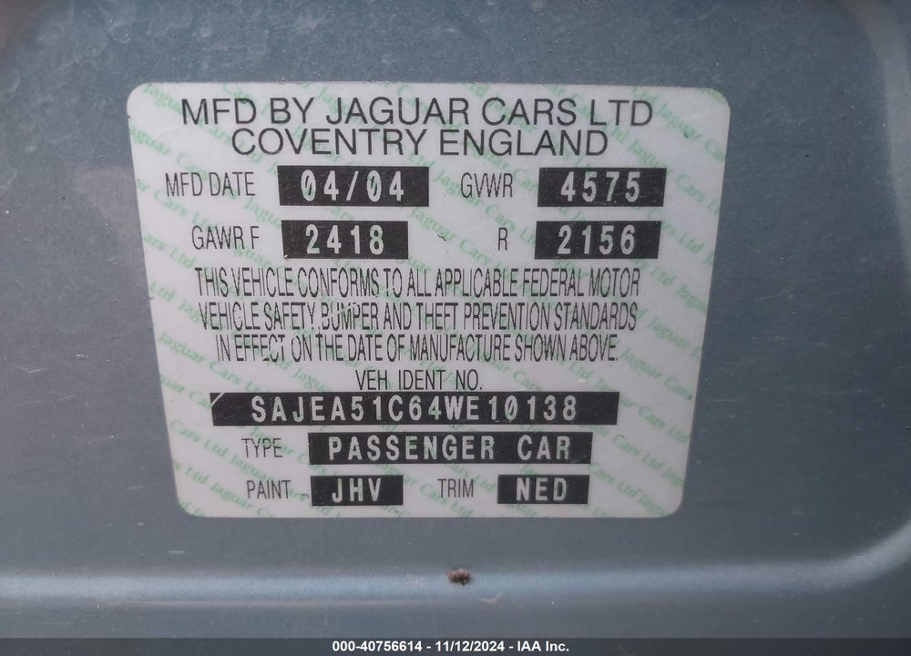 2004 JAGUAR X-TYPE 3.0 VIN: SAJEA51C64WE10138