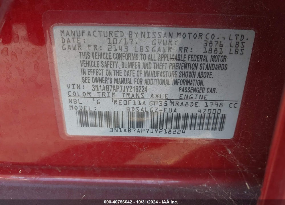 2018 NISSAN SENTRA SL VIN: 3N1AB7AP7JY218224