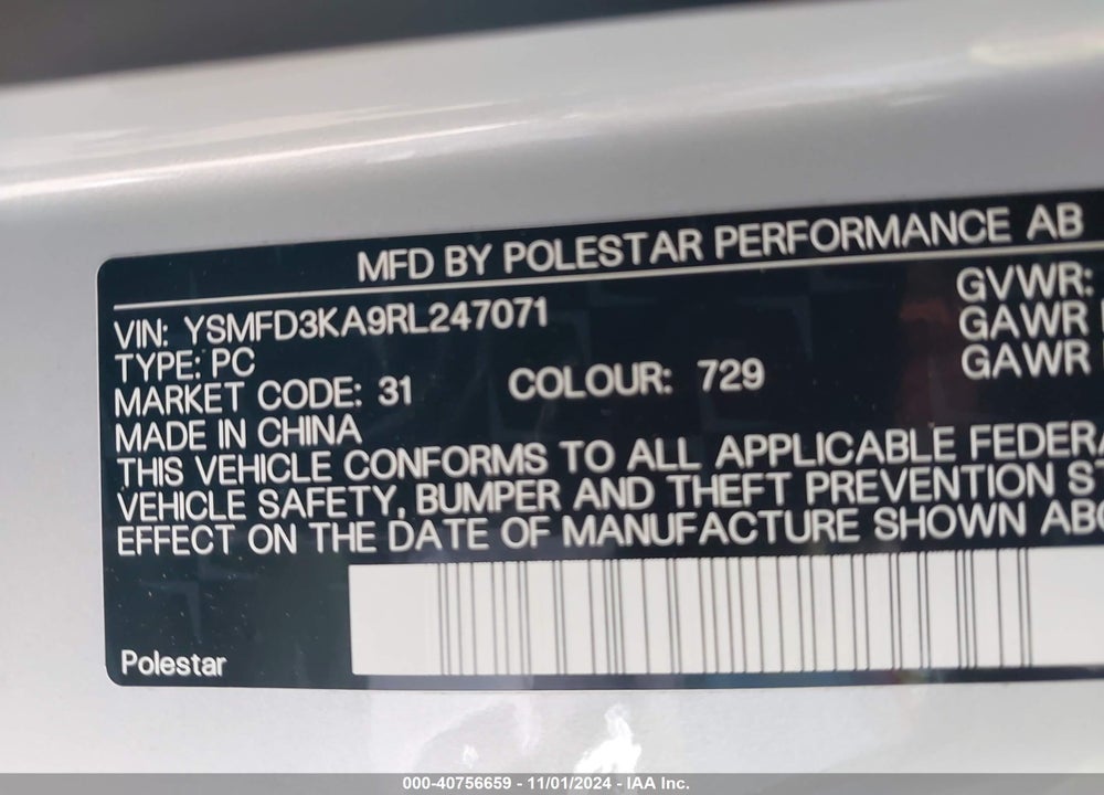 2024 POLESTAR 2 LONG RANGE DUAL MOTOR/LONG RANGE DUAL MOTOR PLUS VIN: YSMFD3KA9RL247071