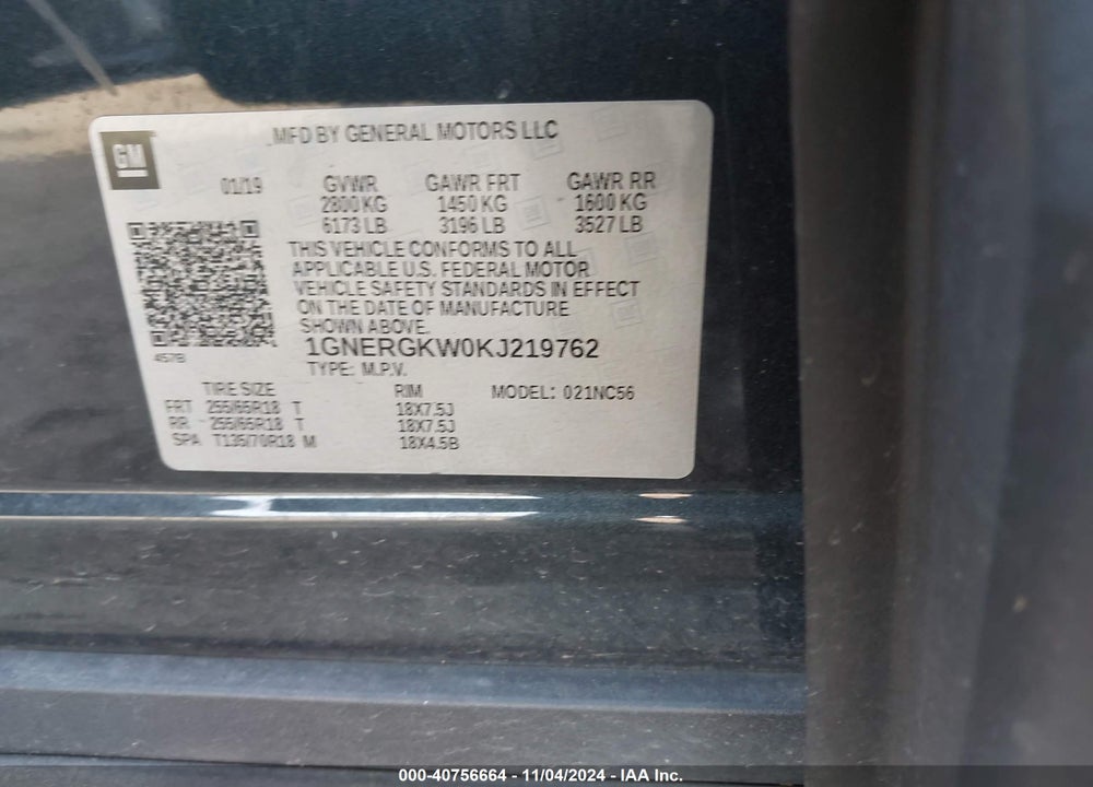 2019 CHEVROLET TRAVERSE 1LT VIN: 1GNERGKW0KJ219762
