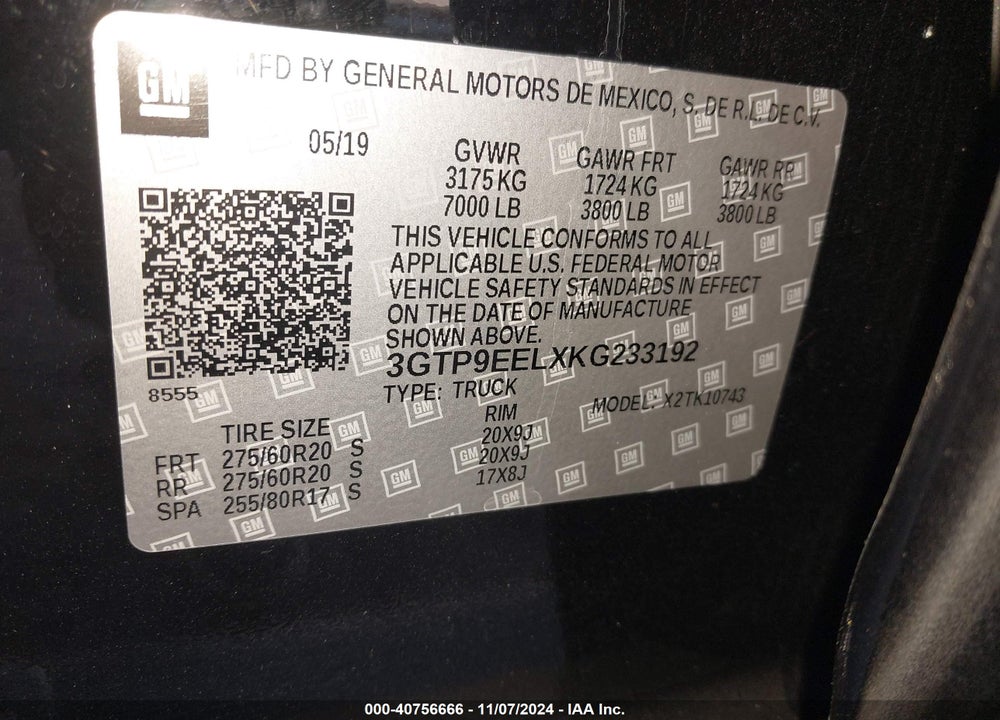 2019 GMC SIERRA 1500 AT4 VIN: 3GTP9EELXKG233192
