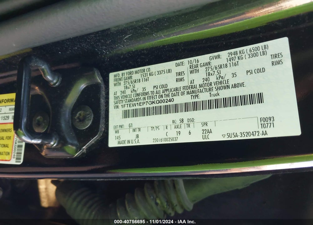 2016 FORD F-150 XLT VIN: 1FTEW1EP7GKG00240