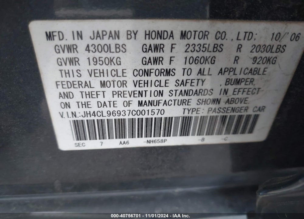 2007 ACURA TSX VIN: JH4CL96937C001570