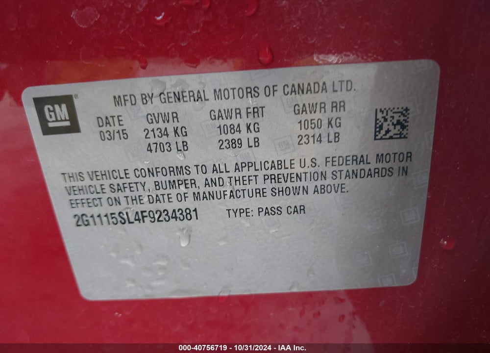 2015 CHEVROLET IMPALA 1LT VIN: 2G1115SL4F9234381