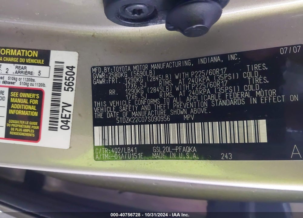 2007 TOYOTA SIENNA XLE LIMITED VIN: 5TDZK22C07S090956