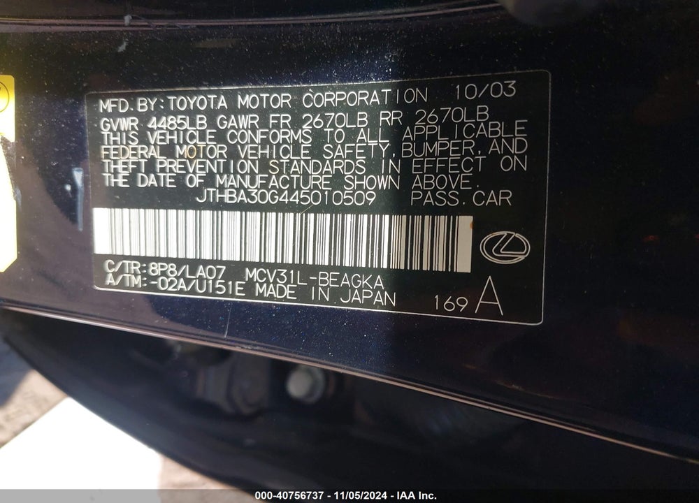 2004 LEXUS ES 330 BASE (A5) VIN: JTHBA30G445010509