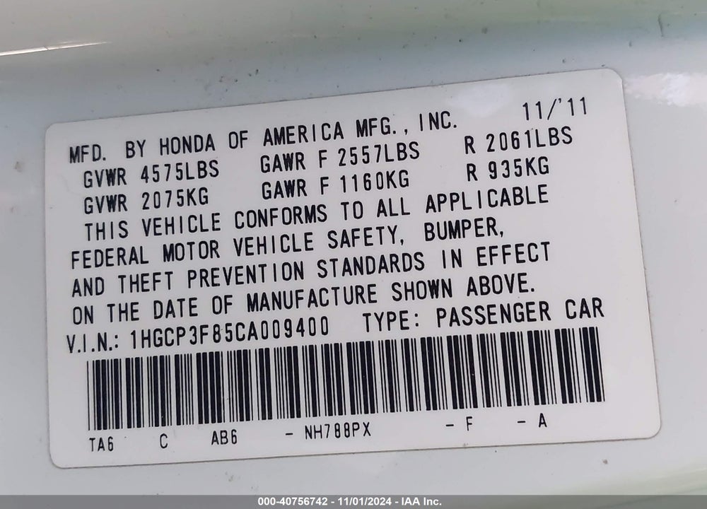 2012 HONDA ACCORD 3.5 EX-L VIN: 1HGCP3F85CA009400