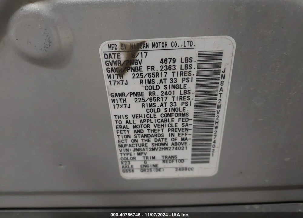 2017 NISSAN ROGUE SV VIN: JN8AT2MV2HW274021