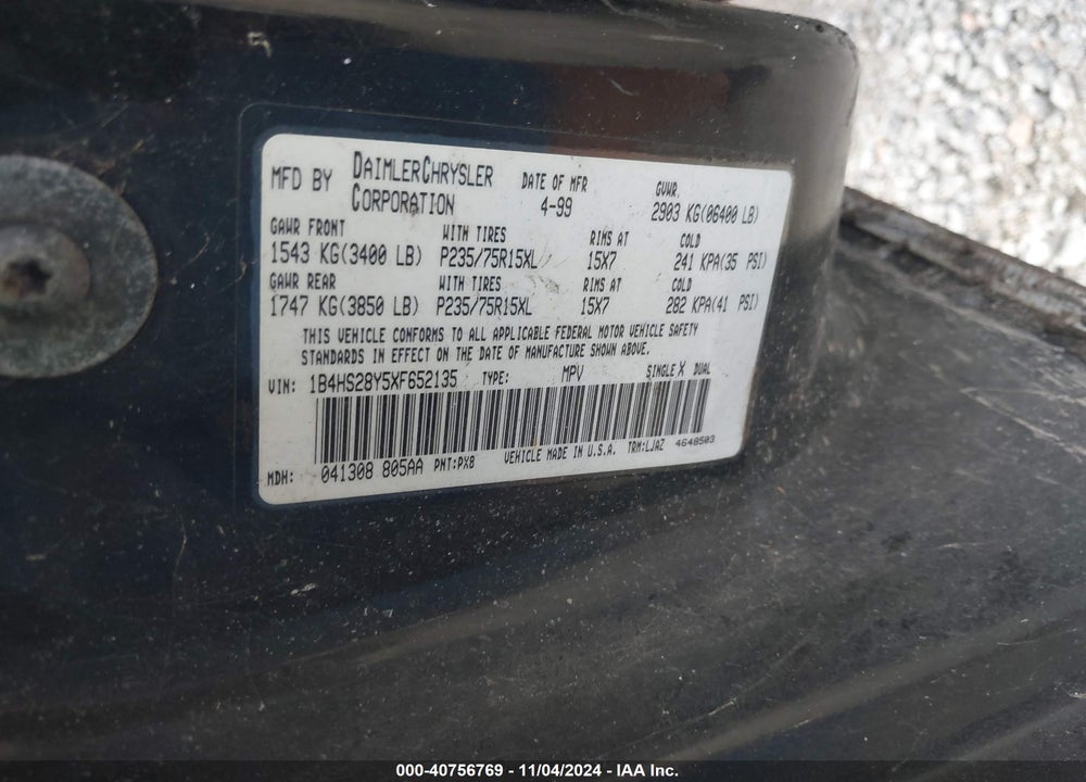 1999 DODGE DURANGO VIN: 1B4HS28Y5XF652135
