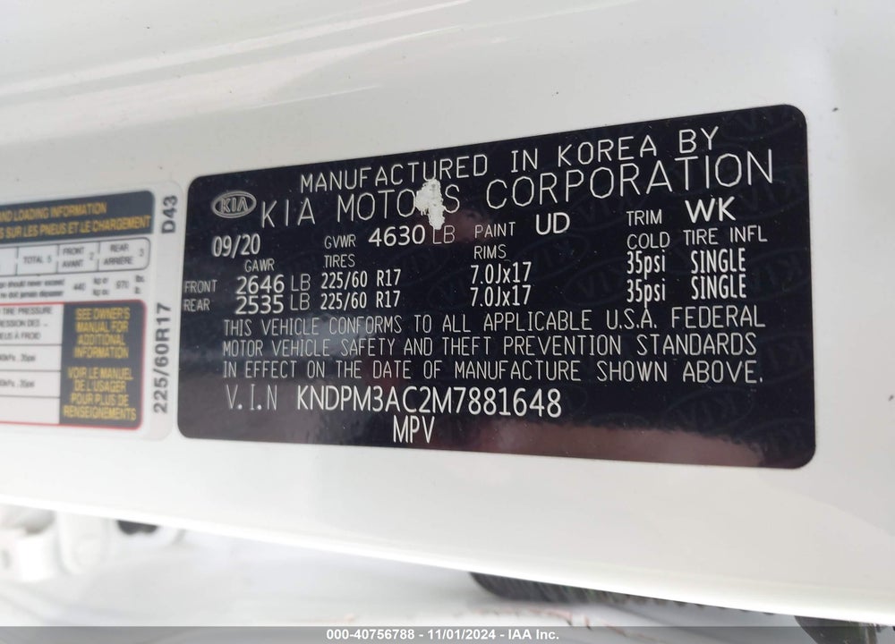 2021 KIA SPORTAGE LX VIN: KNDPM3AC2M7881648