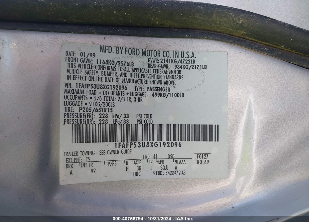 1999 FORD TAURUS SE/SE-NE VIN: 1FAFP53U8XG192096
