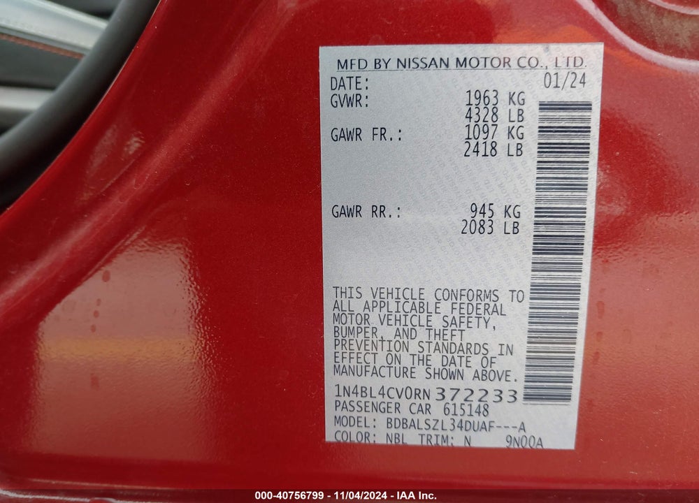 2024 NISSAN ALTIMA SR FWD VIN: 1N4BL4CV0RN372233