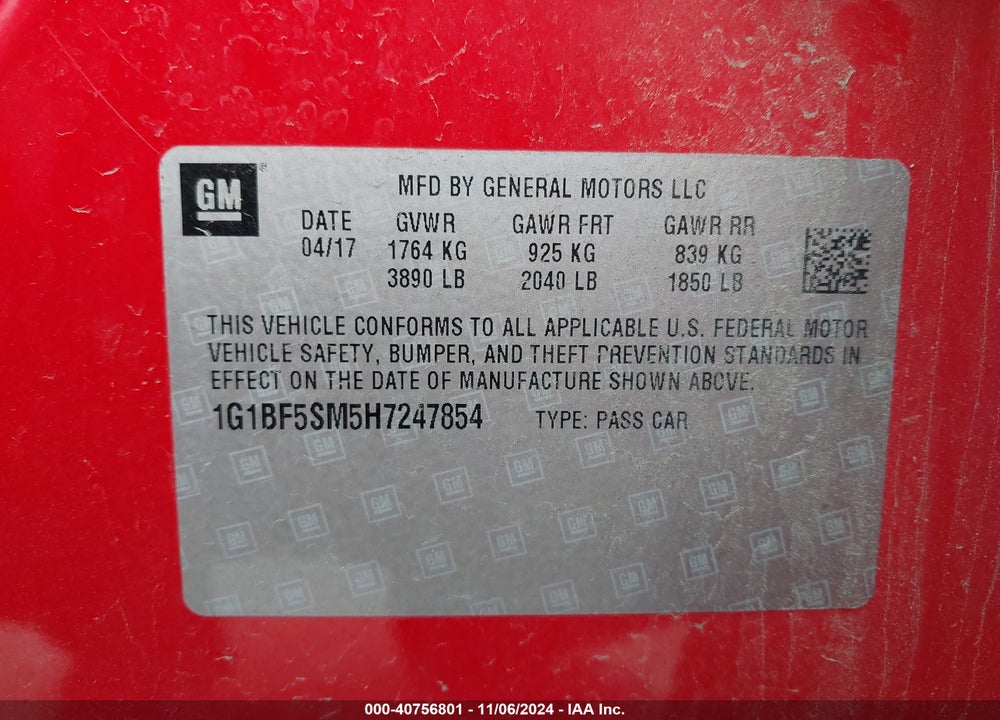2017 CHEVROLET CRUZE PREMIER AUTO VIN: 1G1BF5SM5H7247854