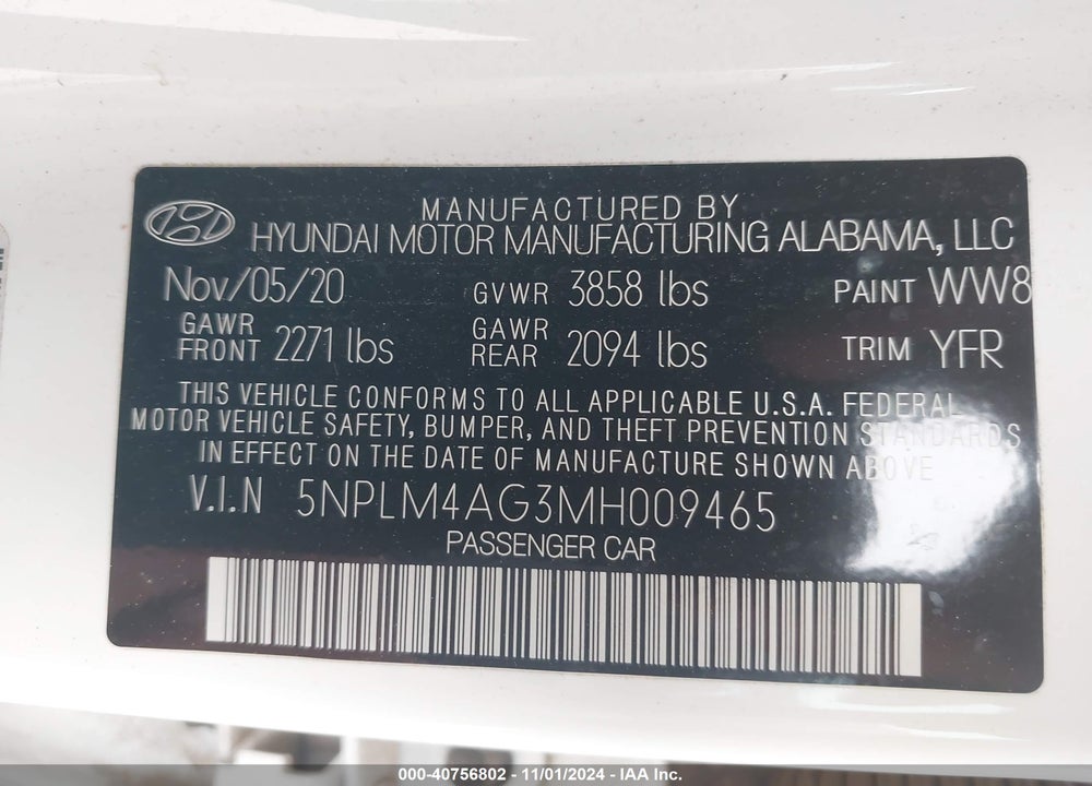 2021 HYUNDAI ELANTRA SEL VIN: 5NPLM4AG3MH009465