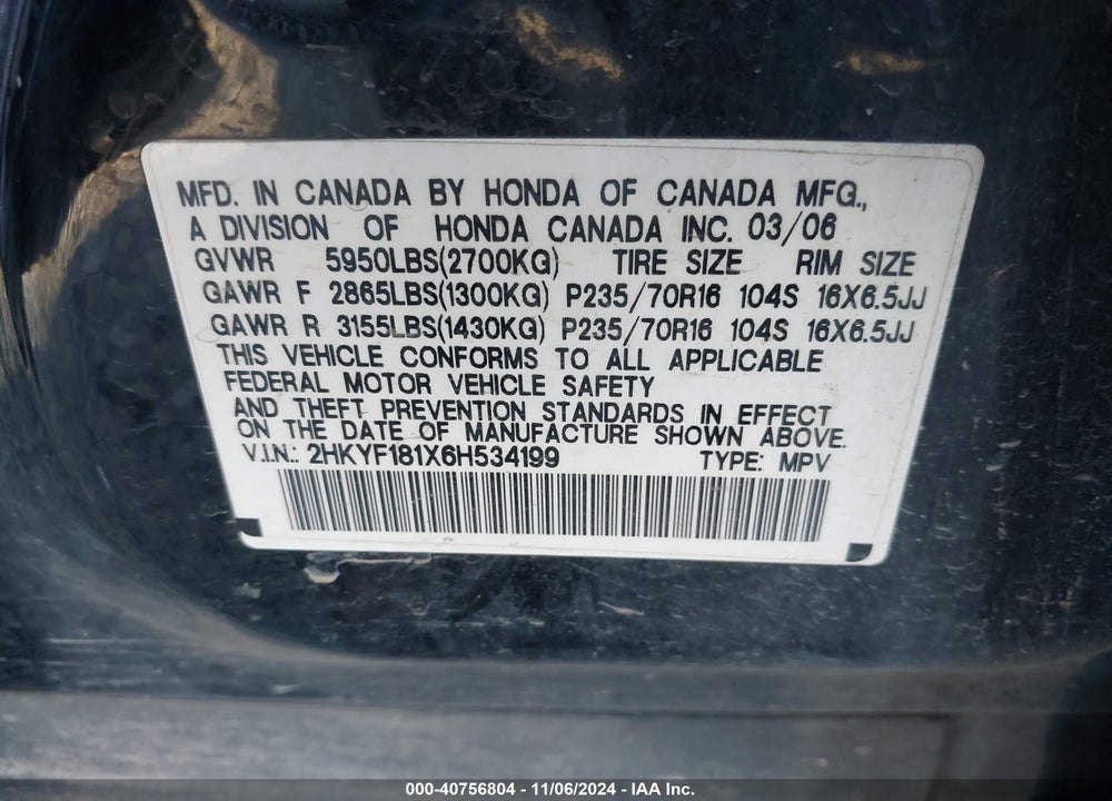 2006 HONDA PILOT LX VIN: 2HKYF181X6H534199