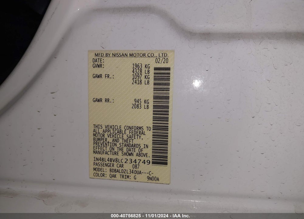 2020 NISSAN ALTIMA S FWD VIN: 1N4BL4BV8LC234749