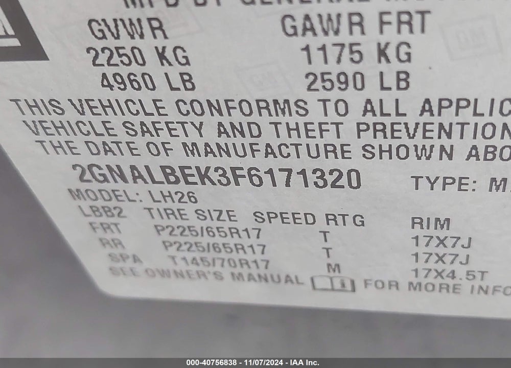 2015 CHEVROLET EQUINOX 1LT VIN: 2GNALBEK3F6171320