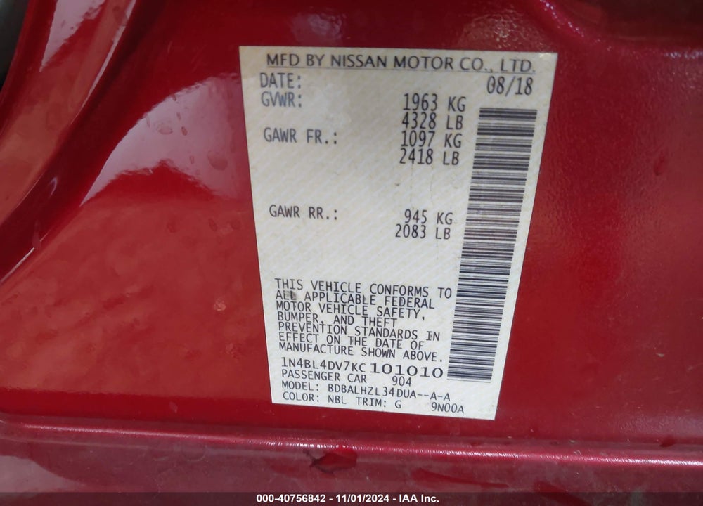 2019 NISSAN ALTIMA 2.5 SV VIN: 1N4BL4DV7KC101010