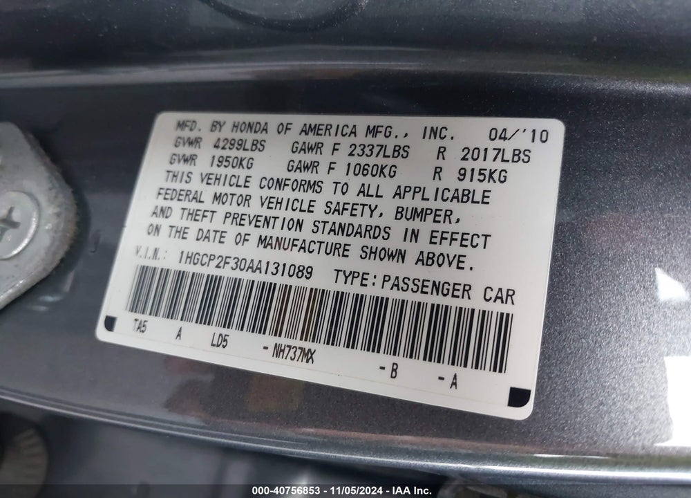2010 HONDA ACCORD 2.4 LX VIN: 1HGCP2F30AA131089