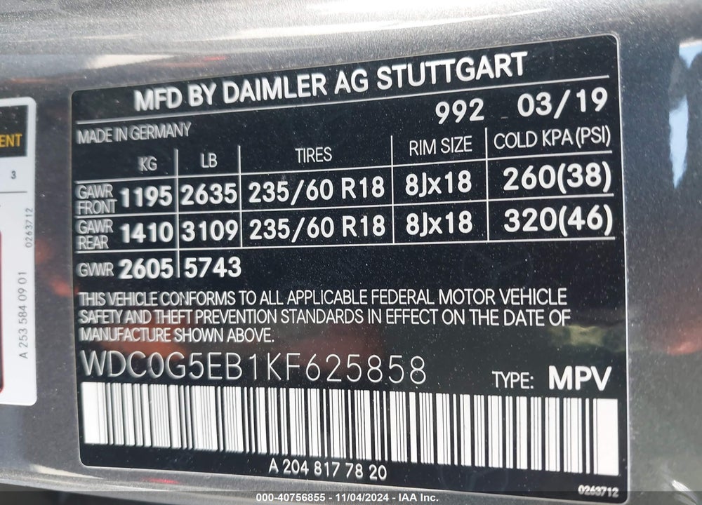2019 MERCEDES-BENZ GLC 350E 4MATIC VIN: WDC0G5EB1KF625858