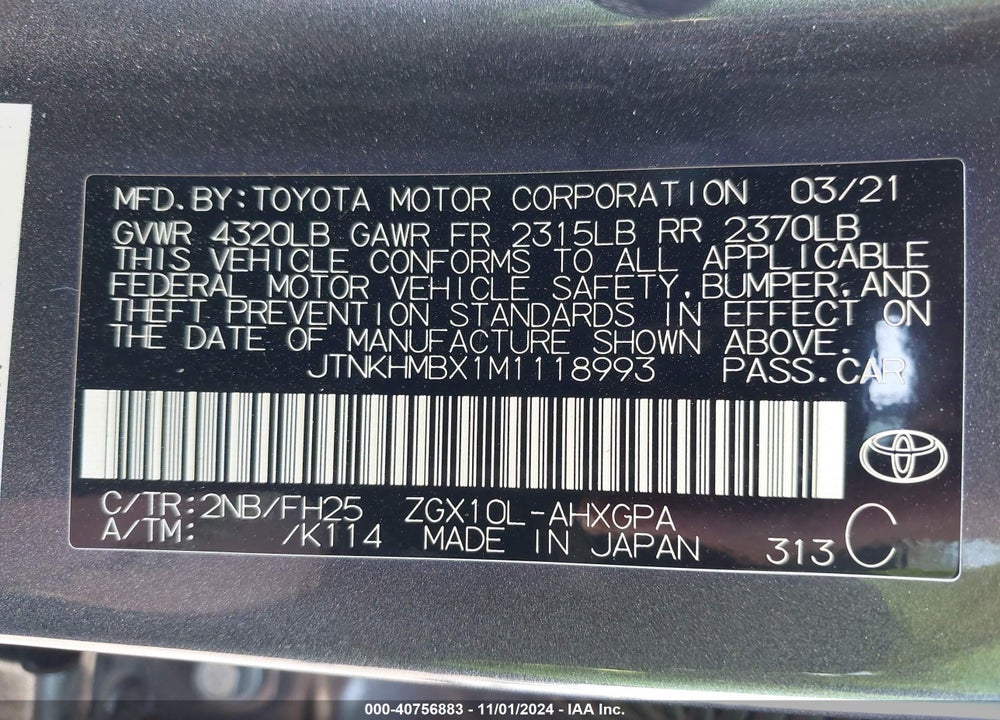 2021 TOYOTA C-HR NIGHTSHADE EDITION VIN: JTNKHMBX1M1118993