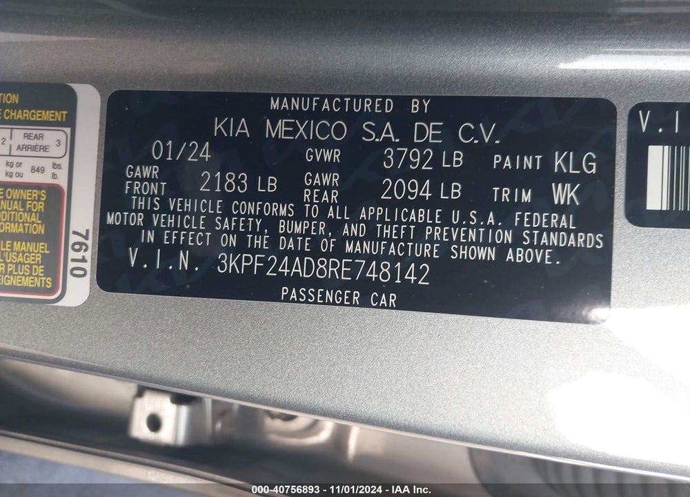 2024 KIA FORTE LXS VIN: 3KPF24AD8RE748142