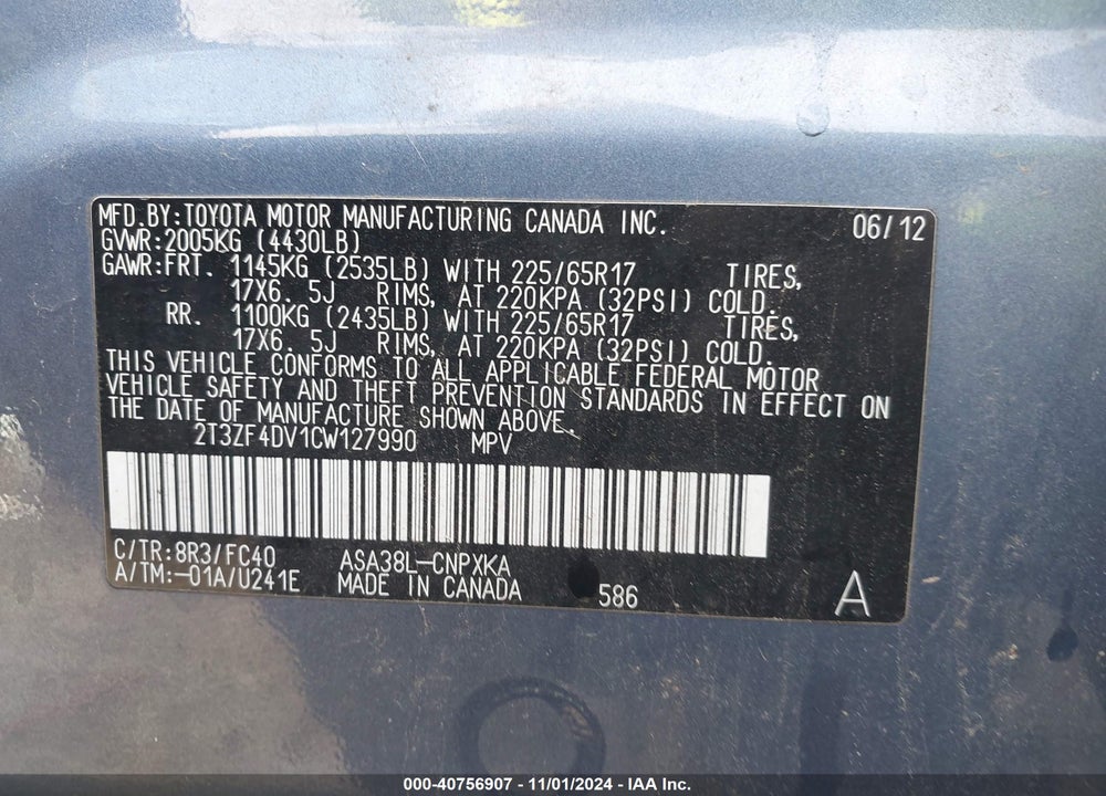 2012 TOYOTA RAV4 VIN: 2T3ZF4DV1CW127990