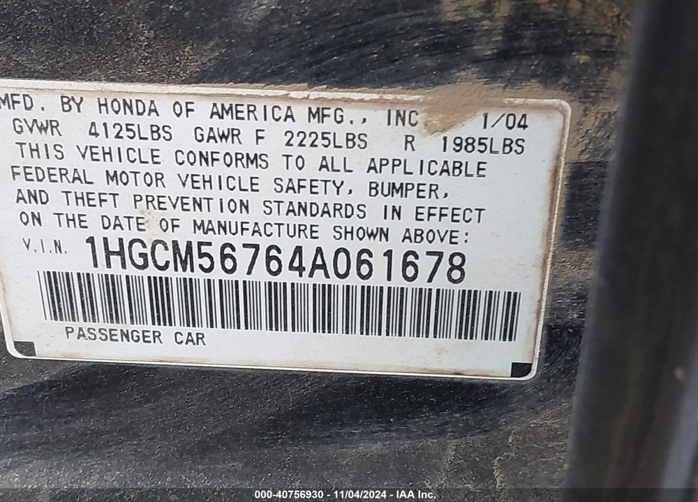 2004 HONDA ACCORD 2.4 EX VIN: 1HGCM56764A061678